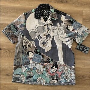 Rare Rebel Vengeance Samurai Skull Tapestry Button-Up Shirt Graphic- NWT